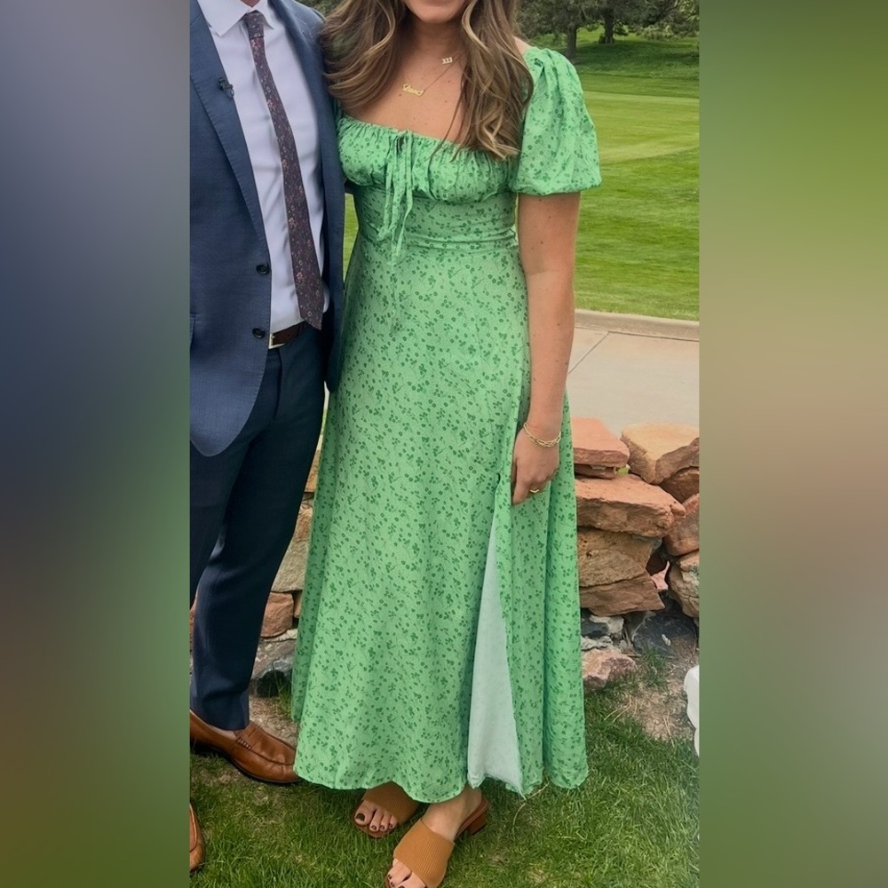 Green Floral Print Tie Front Dress
